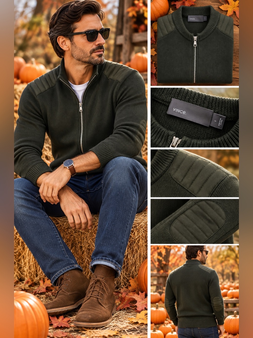 VINCE - Dark Olive Green Zip-Front Knit Sweater